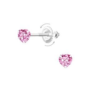 Pink Heart CZ Silver Screw Back Earrings